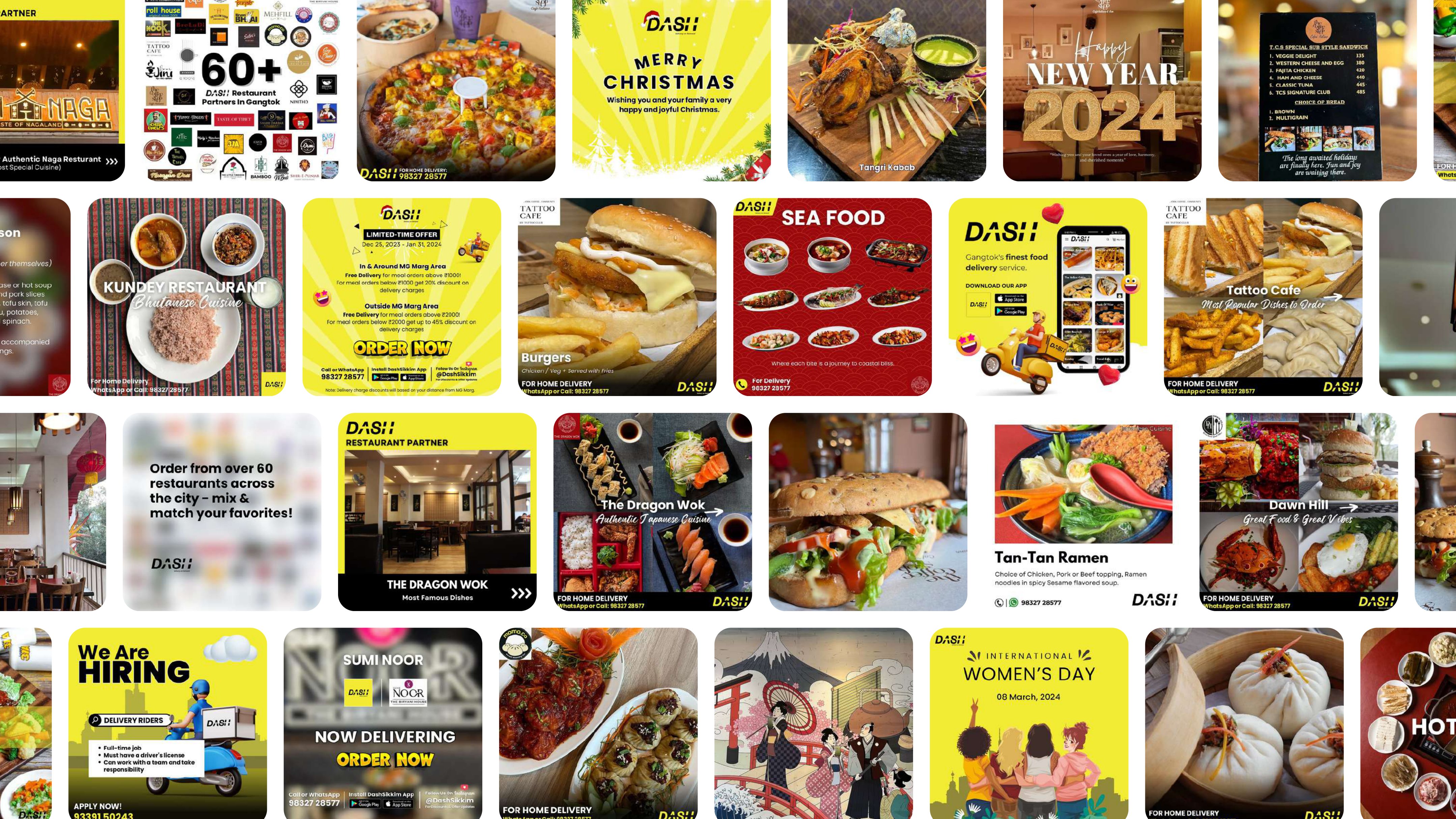 Content collage showing social media posts, reels and campaigns created by Outshine Studios for local restaurants and businesses